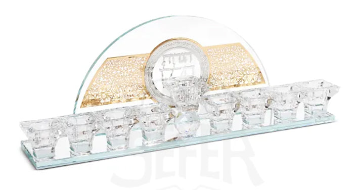 Crystal Menorah With Silver & Gold Blessing Plates