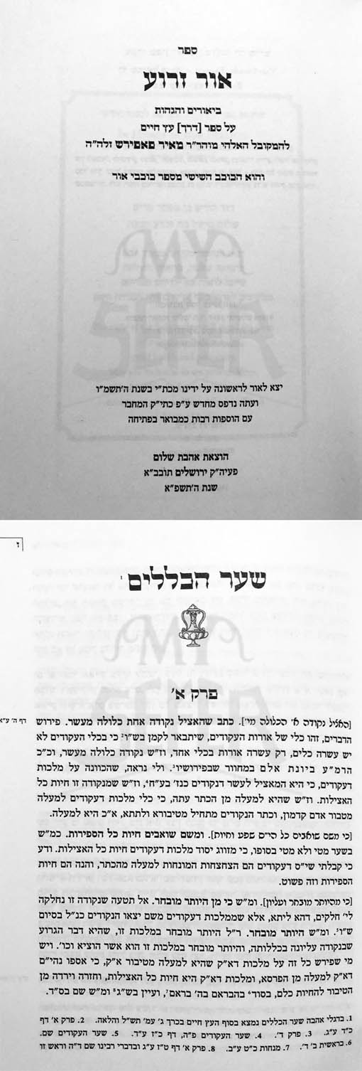 Sefer Rabbi Meyer Paprosh : Ohr Zarua al Sefer Derech EtzChaim / Hagadot al Sefer Pri Etz Chaim