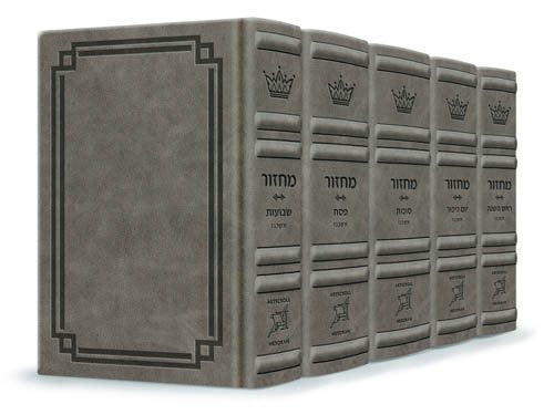 Signature Leather Collection Ashkenaz Hebrew/English Full-Size 5 Vol Machzor Set Glacier Grey