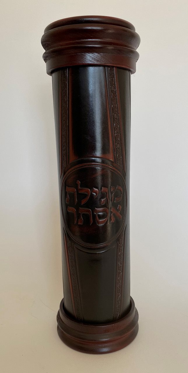 Antique Leather & Wood Megillah Holder 16"-Design