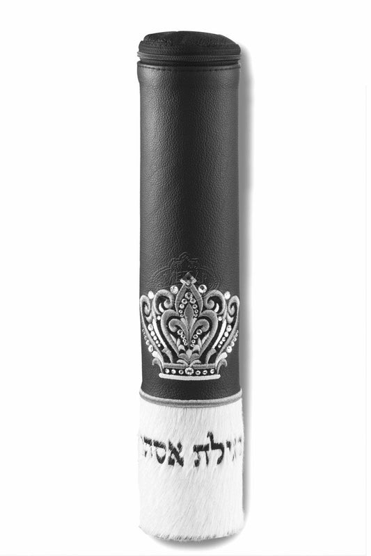 Black Megillah Holder, with White Fur and Silver Embroidery