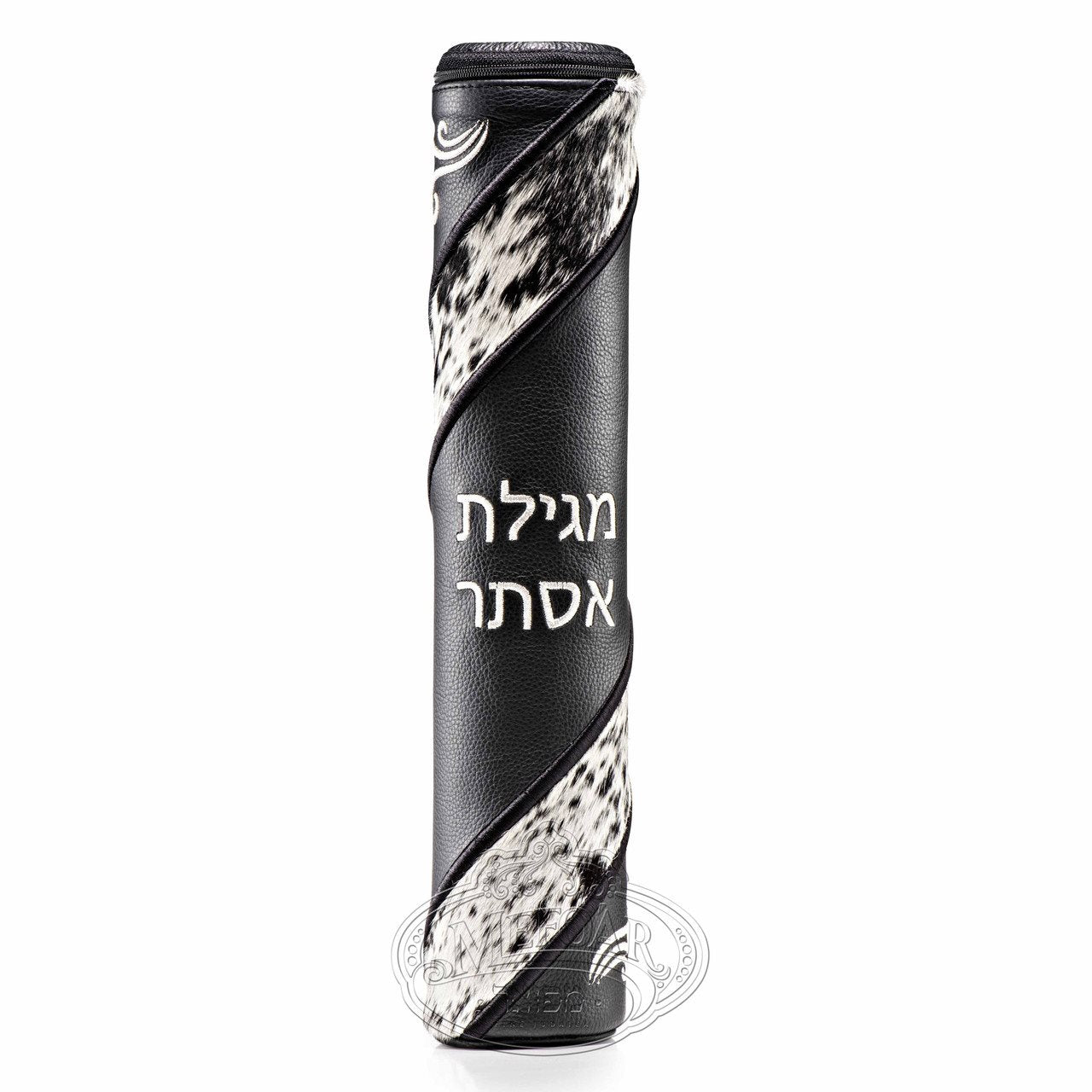 Black Leather Megillah Holder, with Black and White Fur and Black,SiIver Embroidery