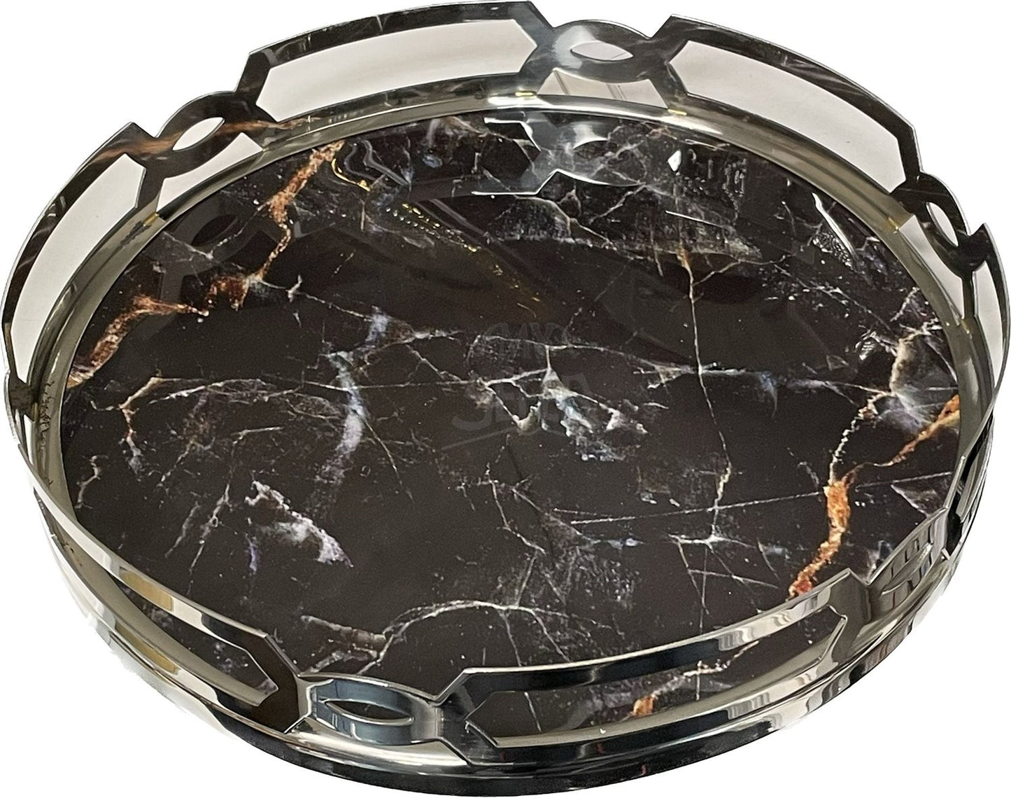 Black-Marble Matzah Tray-Stainless Steel Round