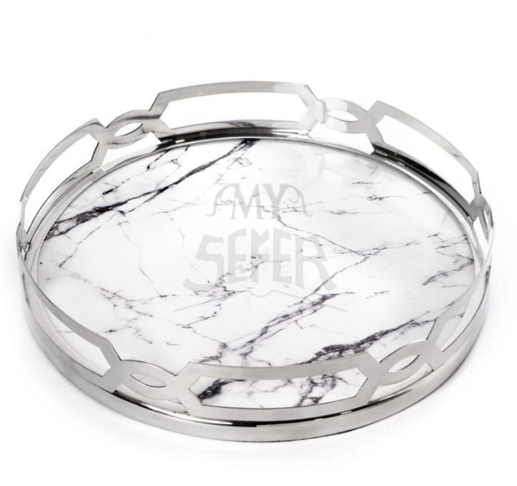 White/Gray Marble Matzah Tray-Stainless Steel Round