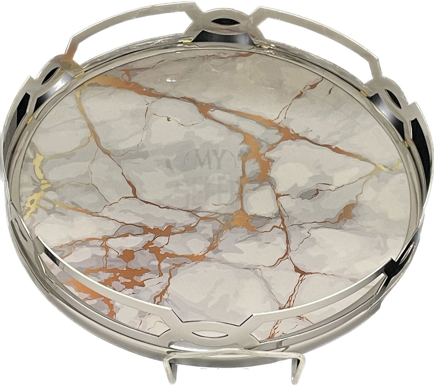 White/Gold Marble Matzah Tray-Stainless Steel Round